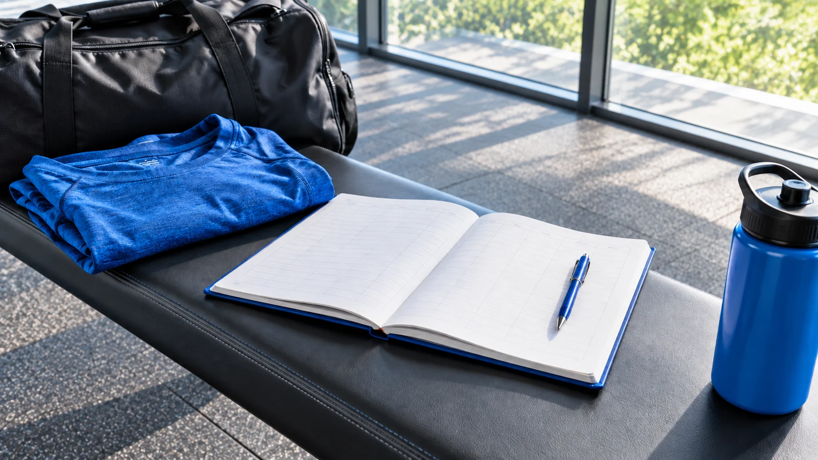 An open training log and pen on a gym bench
